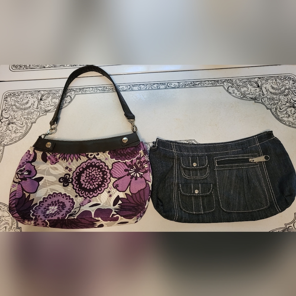Thirty-One Skirt Purse Purple Floral and Dark Denim Brown Trim Medium Size